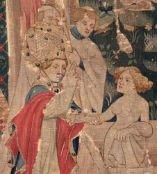 Historia om Saint Piat och Saint Eleuthère, scen 12: Uppståndelsen av tribunens dotter Detalj.
