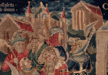 Historia om Saint Piat och Saint Eleuthère, scen 12: Uppståndelsen av tribunens dotter Detalj.