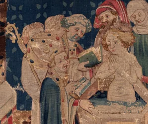 Historia om Saint Piat och Saint Eleuthère, Scen 13: dop av Blanda (Hur de goda helgonen döpte dottertribunen som samlade in pengar genom mycket stort mysterium: Blande som var mor till det goda helgonet). Detalj.