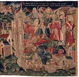 Historia om Saint Piat och Saint Eleuthère, scen 14: Pesten håller på att slå ner staden Tournai.
