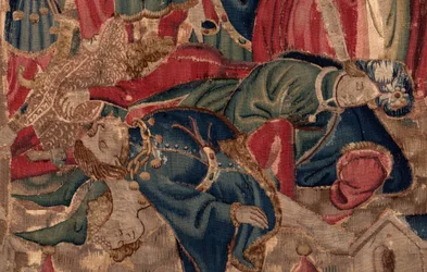 Historia om Saint Piat och Saint Eleuthère, scen 14: Pesten håller på att slå ner staden Tournai. Detalj.