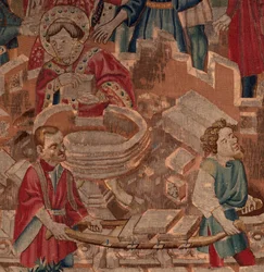 Historien om Sankt Piat och Sankt Eleuthère, scen 5, detalj. Mitten. Helgonet, murare och dopfunten.