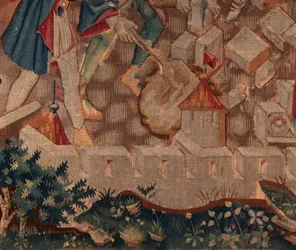 Historia om Saint Piat och Saint Eleuthère, scen 5 Detalj till vänster nedan. Stadsmurar och buskar.