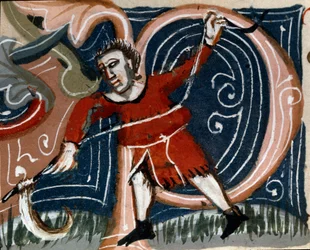 Trädgårdsodling: gräsklippning av örter. Detalj. Manuskriptsida (MS.s.vi) "" Agrarian Treat "" av Pietro de Crescenzi (Crescent Stone eller Crescens Stone) (1233-1320) 1300-talets Cesena, Biblioteca Malatestiana