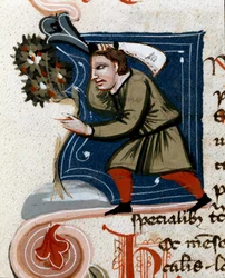 Trädgårdsodling: plantera ett träd. Detalj. Manuskriptsida (MS.s.vi) "" Agrarian Treat "" av Pietro de Crescenzi (Crescent Stone eller Crescens Stone) (1233-1320) 1300-talets Cesena, Biblioteca Malatestiana