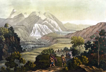 Humboldt och Bonpland korsar berget Quindiu på bärstolar. Från resan till Anderna av Alexander Von Humboldt (Alexandre de Humboldt