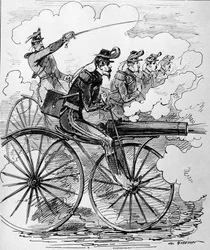 Humoristisk gravyr: Velocipedomania applicerad på maskingevär - 1800-talet.