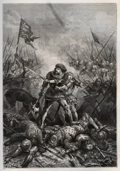 Hundraåriga krig: Frankrikes kung Johannes II den gode och hans son Filip II av Bourgogne (1342-1404), känd som "Philippe le Hardi", slåss mot engelsmännen i slaget vid Poitiers den 19/09/1356) (Kung av Frankrike Johannes II av Frankrike (1319-1364) och ha