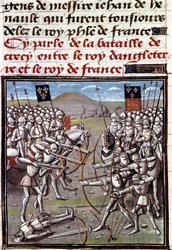 Hundraåriga kriget: slaget vid Crecy den 26/08/1346 mellan fransmän och engelsmän. Miniatyr från Jean Froissarts krönikor (1337-1400)