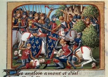 Hundraåriga kriget: slaget vid Formigny (Calvados) den 15/04/1450 mellan den engelska armén av Thomas Kyriell och Jean de Clermont. Miniatyr belyst från manuskriptet "" Vigiles du roi Charles VII"" i Jean Chartiers krönikor, redigerad av Mar