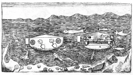 Illustration av slutet av 1700-talet om hur man navigerar under vatten i "" Ny avhandling om den sanna rätningen av cirkeln mätt exakt med diametern, användbar för trigonometri ... Med en avhandling om hur man navigerar under vattnet, i