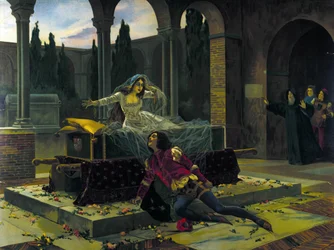 Illustration av den sista scenen i baletten "Romeo och Julia" av Piotr eller Pjotr Iljitsj Tjajkovskij (eller Tjajkovskij eller Cajkovskij eller Tschaikowskij