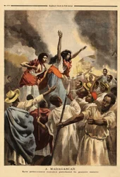 På Madagaskar predikar den kungliga prinsessan (drottningens syster och faster) det heliga kriget mot Frankrike. Gravyr i "" Le petit journal"" 1894-09-09. Selvas samling.