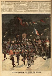 Invigning av hamnen i Tunis, i närvaro av de franska ministrarna Raymond Poincare (1860-1934) och Eugene Guerin (1849-1929). Gravyr i "" Le petit journal"" 1893-06-10. Selvas samling.
