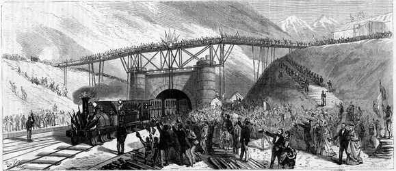 Invigning av tunneln Mont Cenis (Monte Cenisio) 1871. Tågets ankomst inbjuder till Bardonneche (Bardonecchia)
