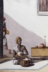 Indisk kultur och civilisation: musiker som spelar tabla, traditionellt musikinstrument, Indien. Gravyr 1808.