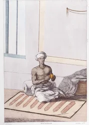 Indisk kultur, civilisation och samhälle: musiker med traditionellt indisk slagverk. Gravyr från 1808.