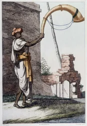 Indisk kultur, civilisation och samhälle: musiker med traditionellt indiskt blåsinstrument (Sournae). Gravyr från 1808.
