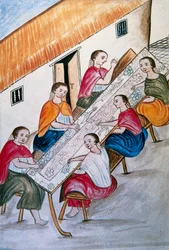 Indiska arbetare som syr, från boken "Trujillo del Peru" eller "Códice Martínez Compañón", av Baltazar Martinez Compañón y Bujanda, biskop av Trujillo (1782-1785)