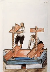 Indianer som pressar (stryker) linne, från boken "Trujillo of Peru" eller "Codex Martinez Companion", av Baltazar Martinez Companion och Bujanda, biskop av Trujillo (1782-1785)