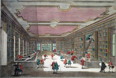 Inlandsvy över Göttingen bibliotek. Gravyr av 1700-talets Paris, B.N.