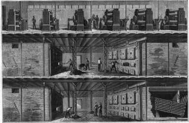 Installation av pannor och ångdynamos vid Central Electricite Distribution Station (Edison System) i New York 1884.