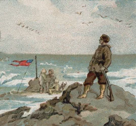 Isaac Israel Hayes (1832-1881) bär den amerikanska flaggan vid polarhavets stränder. Chromo från slutet av 1800-talet.