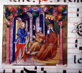 Isak uppmanar Esau att jaga. 1400-talsmanuskript. 1400-tals antifonarium. Bibliotek i Lodi