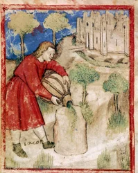 Jakob hällde olja på stenen som hade tjänat honom som en miniatyrkudde från codex 212 (eller padovano codice eller Bible of Padua) 1390-1400 Rovigo, Accademia dei Concordi