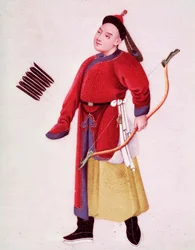 Japansk kejsarens jaktdräkt. Han är beväpnad med båge och pilar. Akvarell av 1700-talets Venedig, Biblioteca Marciana