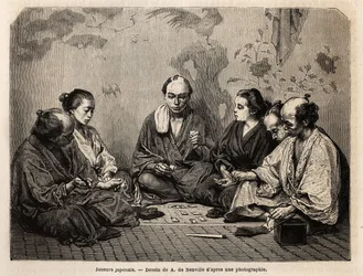 Japanska spelare i mitten av korten. Gravyr för att illustrera Japan, reseberättelse av Aime Humbert, minister för Schweiziska edsförbundet, 1863-1864, publicerad i "Le tour du monde, nouveau journal des voyages", under ledning av Edouard Charton