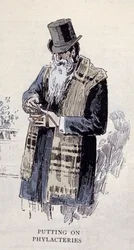 Judisk religion: en gammal judisk man som bär bönkalken (Talit eller Tzitzit), gravyr från 1890