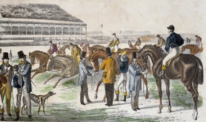 Jockeys och deras hästar före loppet - gravering, ca. 1850