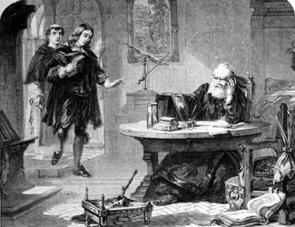 John Milton, engelsk poet och essäist (1608 - 1674) besökte Galileo Galilei (Galileo) (1564 - 1642) i hans cell under inkvisitionen i Florens. Gravyr. 1860 ca.