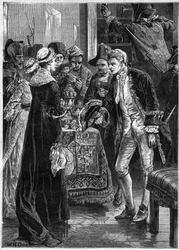 John Paul Jones besöker Lady Selkirk efter att hans män har tagit hennes värdesaker - Amerikanska flottan: John Paul Jones (1747-1792) hjältar från det amerikanska frihetskriget och besättningen på Ranger plundrade greven av Selkirks slott i USA