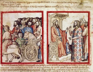 Josef till vänster till sin fars begravning, han går efter Faraos miniatyr från codex 212 (eller padovano codice eller Bible of Padua) 1390-1400 Rovigo, Accademia dei Concordi