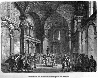 Julien (Flavius Claudius Julianus 331 - 363) uppvuxen på skölden i Thermal Palace - i Histoire de France av Henri Martin, sd. 1800-talet