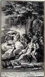 Jupiter, ovärdig Junos bedrägeri, skickar Apollo för att återuppliva Hectors farliga sår under sin sömn, och återuppliva modet hos trojanerna, som återfår alla sina fördelar och nästan sätter eld på de grekiska skeppen. Illustration av bok XV av Iliaden av