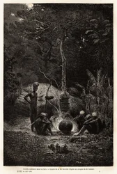 Kanaks lagar mat i skogen, på Pamales territorium. Gravyr för att illustrera resan till Nya Kaledonien, av Jules Garnier, gruvor civilingenjör, 1863-1866, publicerad i "Le tour du monde, nouveau journal des voyages", redigerad av Edouard C
