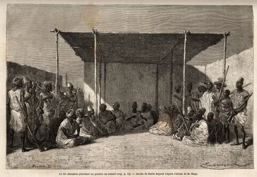 Kung Ahmadou presiderar över ett råd eller palabre i Toucouleur-imperiet i Segou Sikoro (Mali), de vise männen sitter och krigarna sätter sig, kungen håller ett muslimskt radband i sina händer. Gravyr för att illustrera resan till västra Sudan av löjtnant 