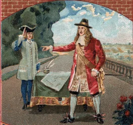 Kung James II av England (James II Stuart) (1633-1701) under sin vistelse på slottet Saint-Germain-en-Laye (Saint Germain en Laye). Kromolitografi från slutet av 1800-talet