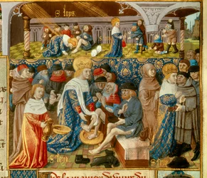 Kung Ludvig IX (1214-1270) (Saint Louis) tvättar de fattigas fötter och scener av kristen välgörenhet från kung miniatyr taget från ett manuskript "The Book of Facts of Monsignor Saint Louis""" 1400-talet. Paris, B.N