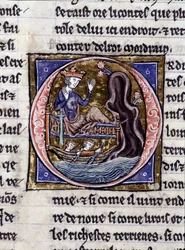 Kung Modreius. Manuskript: Erövringen av Saint Gréal, skrivet 717 år efter vår herres passion. Bibliotheque Municipale de Rennes, ms. 255 (Samling av romaner av det runda bordet); Paris