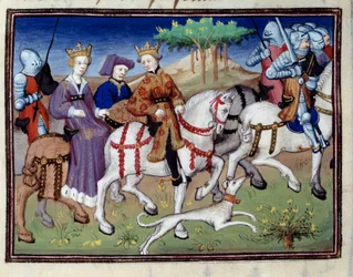 Kung Filip VI av Valois och den vita drottningen av Navarra (?) Startar för jakt Miniatyr hämtad från "" Jaktens bok""" av Gaston III Phoebus, greve av Foix, Lord of Bearn (1331-1391)