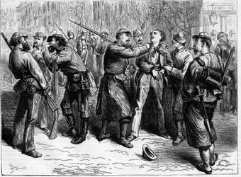 La Commune de Paris 1871. Gripande av en refraktär av en trupp federes.