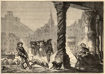 Huvudgatan på en dags vandring i Dol de Bretagne - gravering i "" PATRIE"" - BESKRIVNING PECTURESSE DE LA FRANCE EN 6 VOLYSER AV LUCIEN HUARD - slutet av 1800-talet