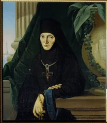La mere superieure Maria (Margarita Tuchkova) (Moder Superior Maria (Tuchkova). Higoumene (hegoumene) i det ortodoxa klostret Spaso Borodinsky, 1812, under invasionen av Napoleons Grande Armee (1769-1821). Anonym målning, olja på duk , vers