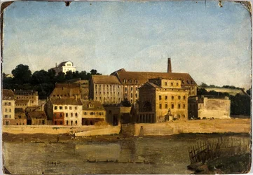 La raffinerie et le jardin Delessert, à Passy, vus de la rive gauche, cirka 1820 (olja på papper, kartong)