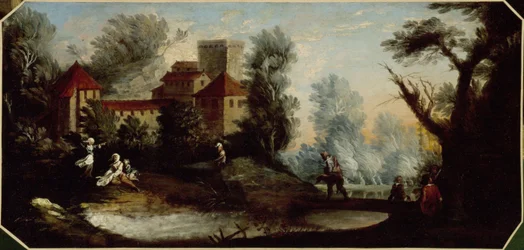 Landskap med befäst slott. Mellan 1701 och 1800 (olja)