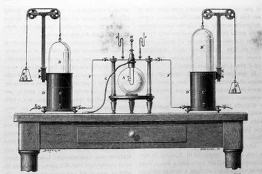 Lavoisier och Laplace apparater för bildning av vatten med hjälp av syre och vätgas som bränns i en glaskolv. Gravyr av 1800-talet.
